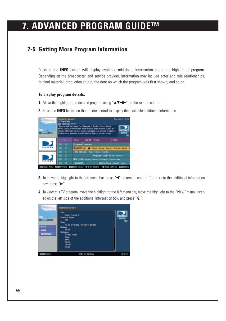 Advanced program guide, 5. getting more program information | DirecTV HUGHES/ HTL-HD User Manual | Page 56 / 121