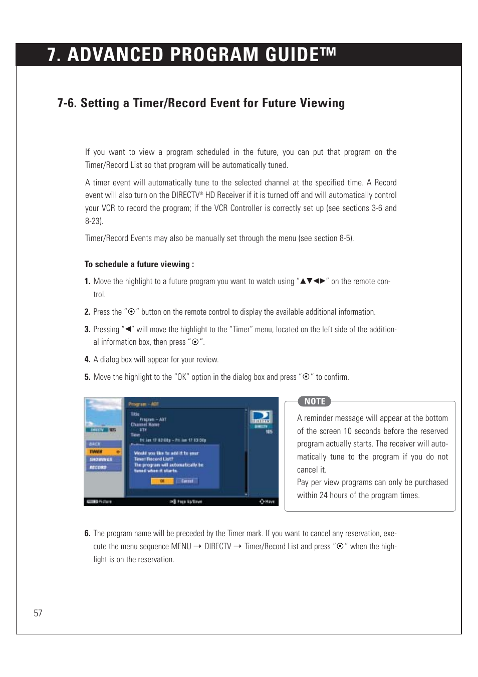 Advanced program guide, 6. setting a timer/record event for future viewing | DirecTV HUGHES/ HTL-HD User Manual | Page 58 / 121