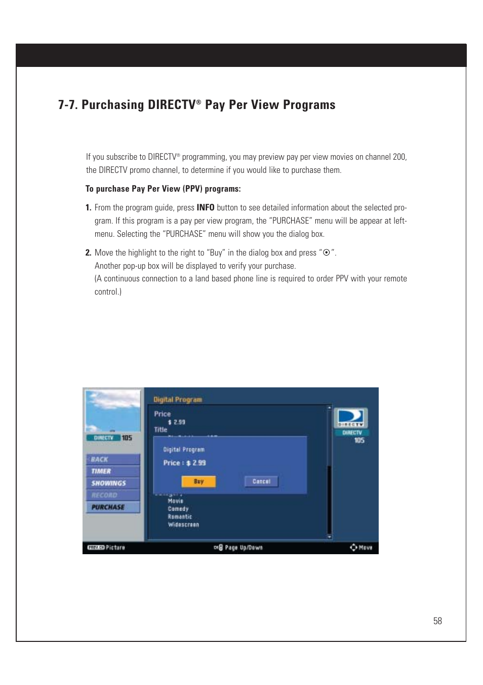 7. purchasing directv, Pay per view programs | DirecTV HUGHES/ HTL-HD User Manual | Page 59 / 121