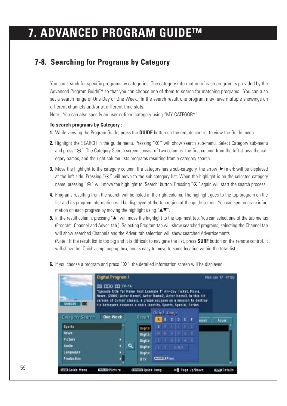Advanced program guide, 8. searching for programs by category | DirecTV HUGHES/ HTL-HD User Manual | Page 60 / 121