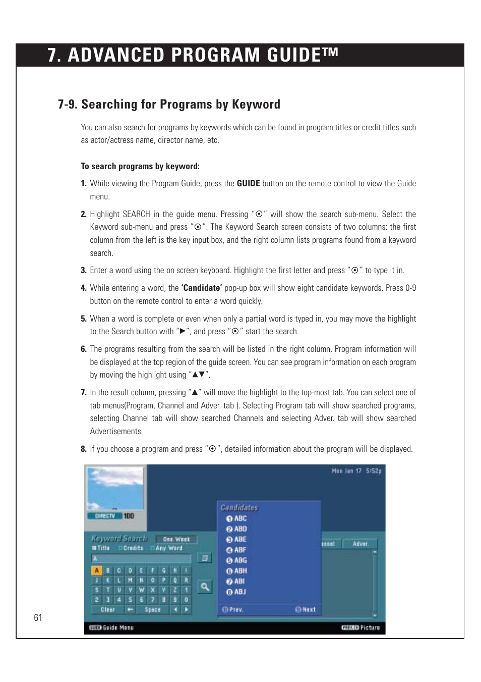Advanced program guide, 9. searching for programs by keyword | DirecTV HUGHES/ HTL-HD User Manual | Page 62 / 121