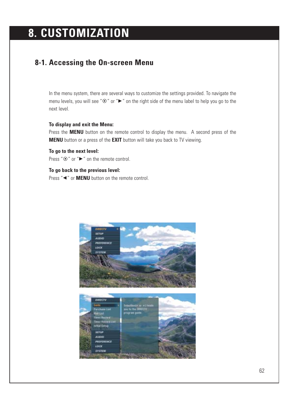 Customization, 1. accessing the on-screen menu | DirecTV HUGHES/ HTL-HD User Manual | Page 63 / 121