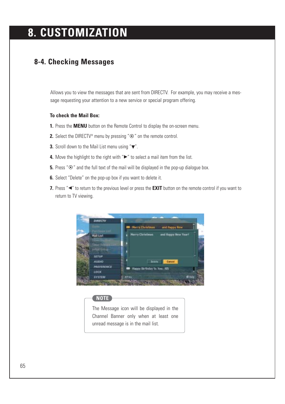 Customization, 4. checking messages | DirecTV HUGHES/ HTL-HD User Manual | Page 66 / 121