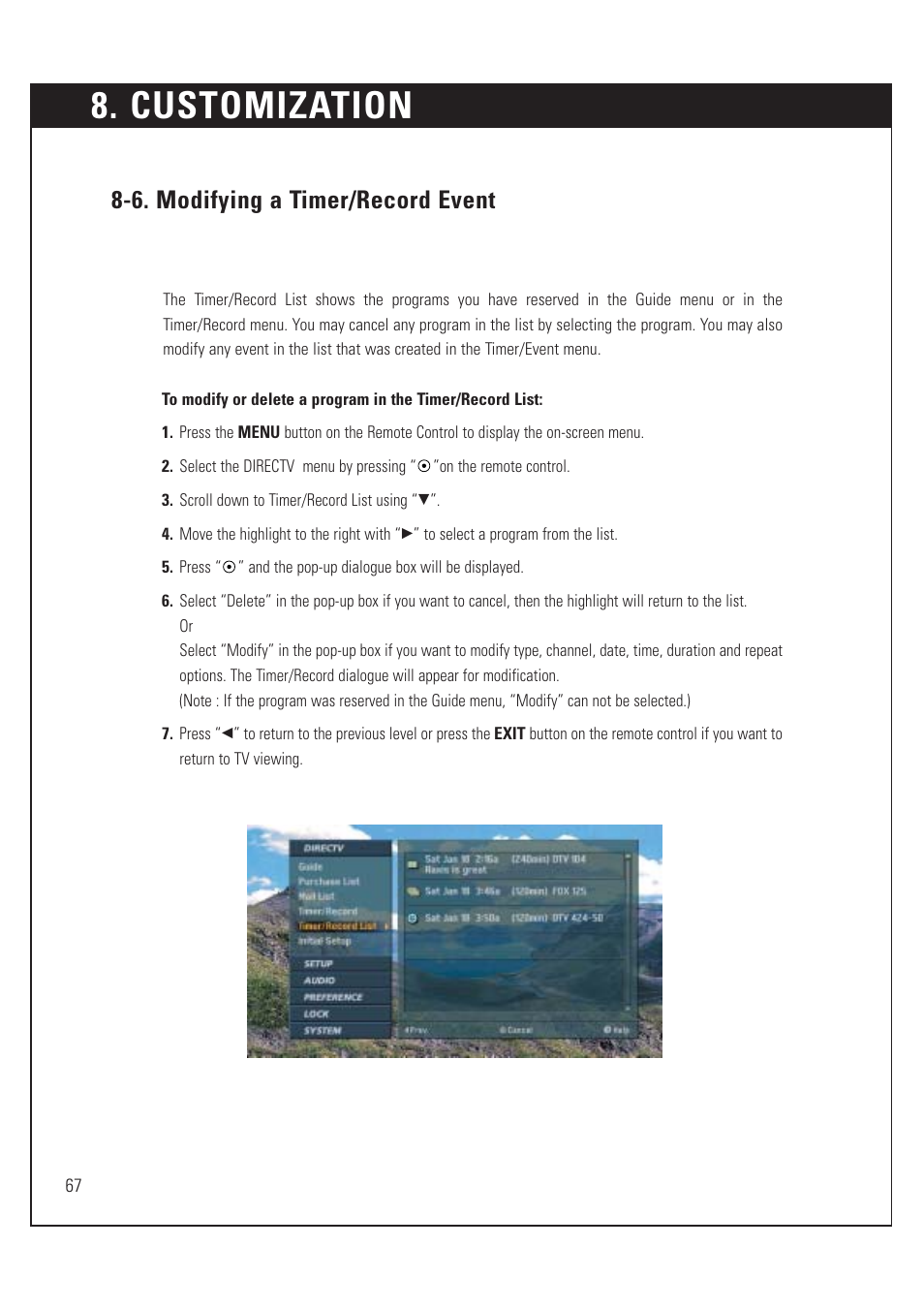 Customization, 6. modifying a timer/record event | DirecTV HUGHES/ HTL-HD User Manual | Page 68 / 121