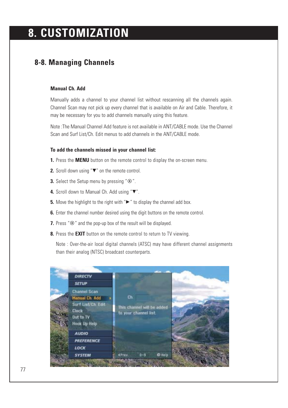 Customization, 8. managing channels | DirecTV HUGHES/ HTL-HD User Manual | Page 78 / 121