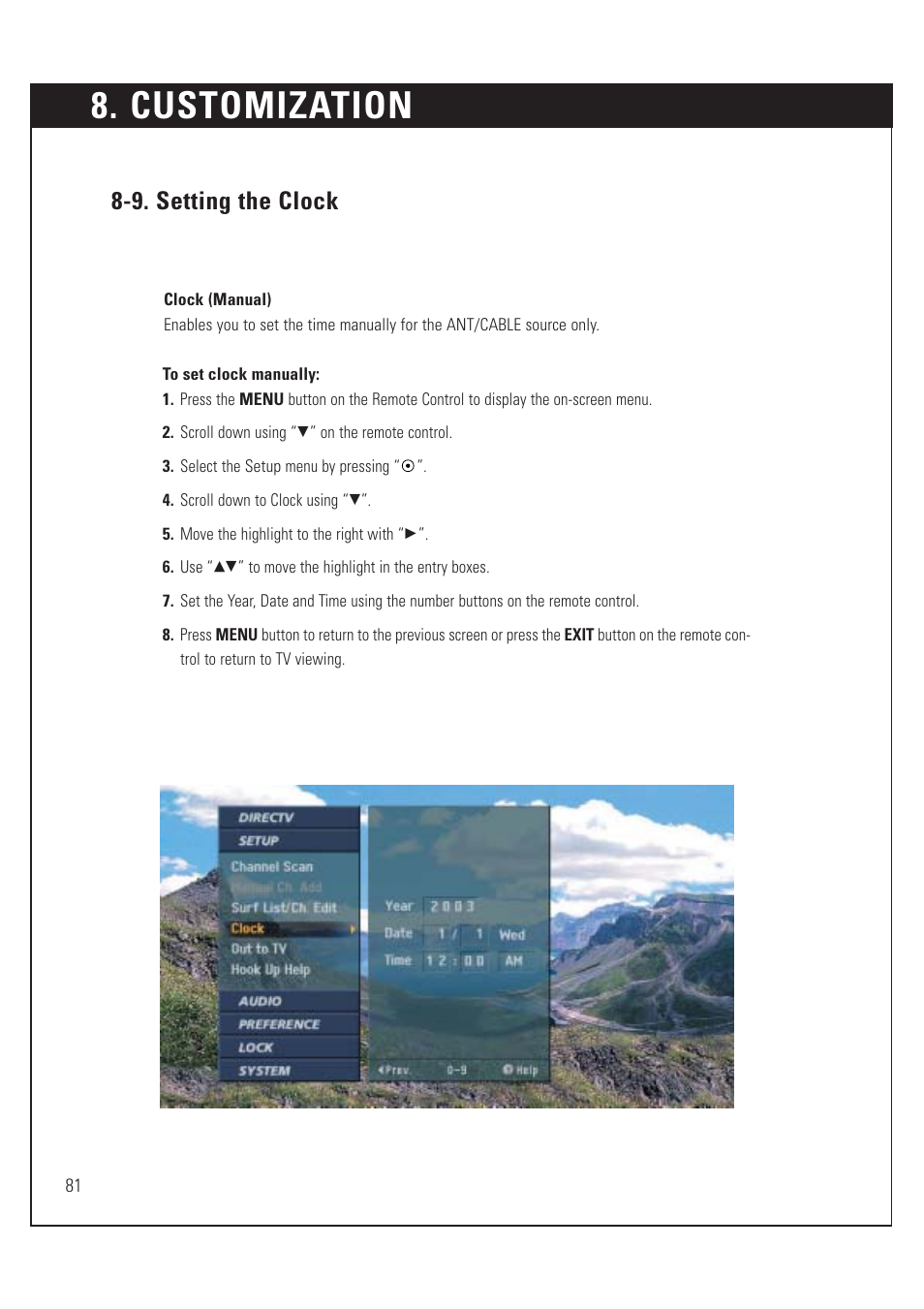 Customization, 9. setting the clock | DirecTV HUGHES/ HTL-HD User Manual | Page 82 / 121