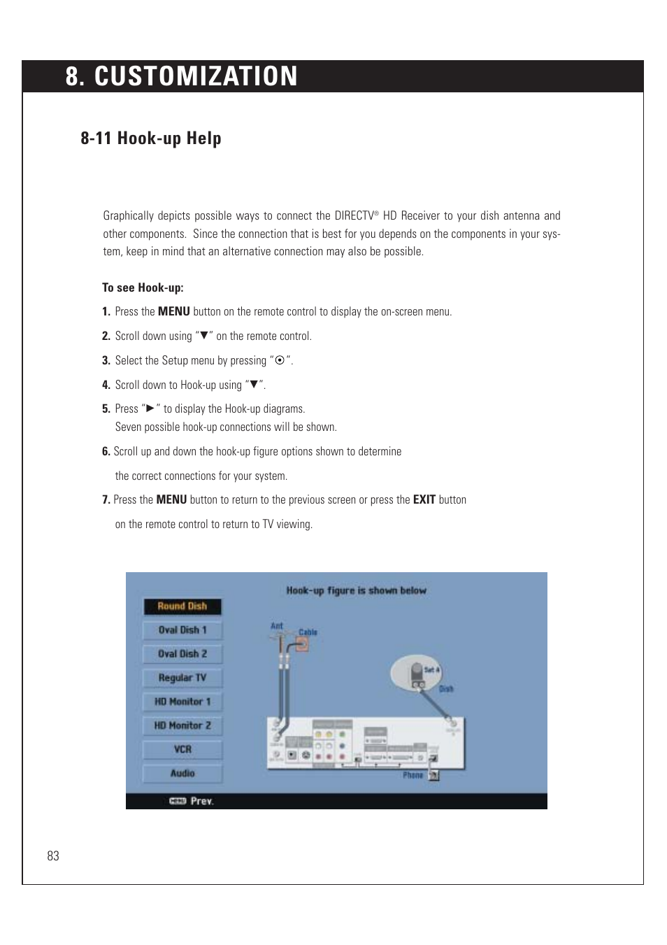 Customization, 11 hook-up help | DirecTV HUGHES/ HTL-HD User Manual | Page 84 / 121