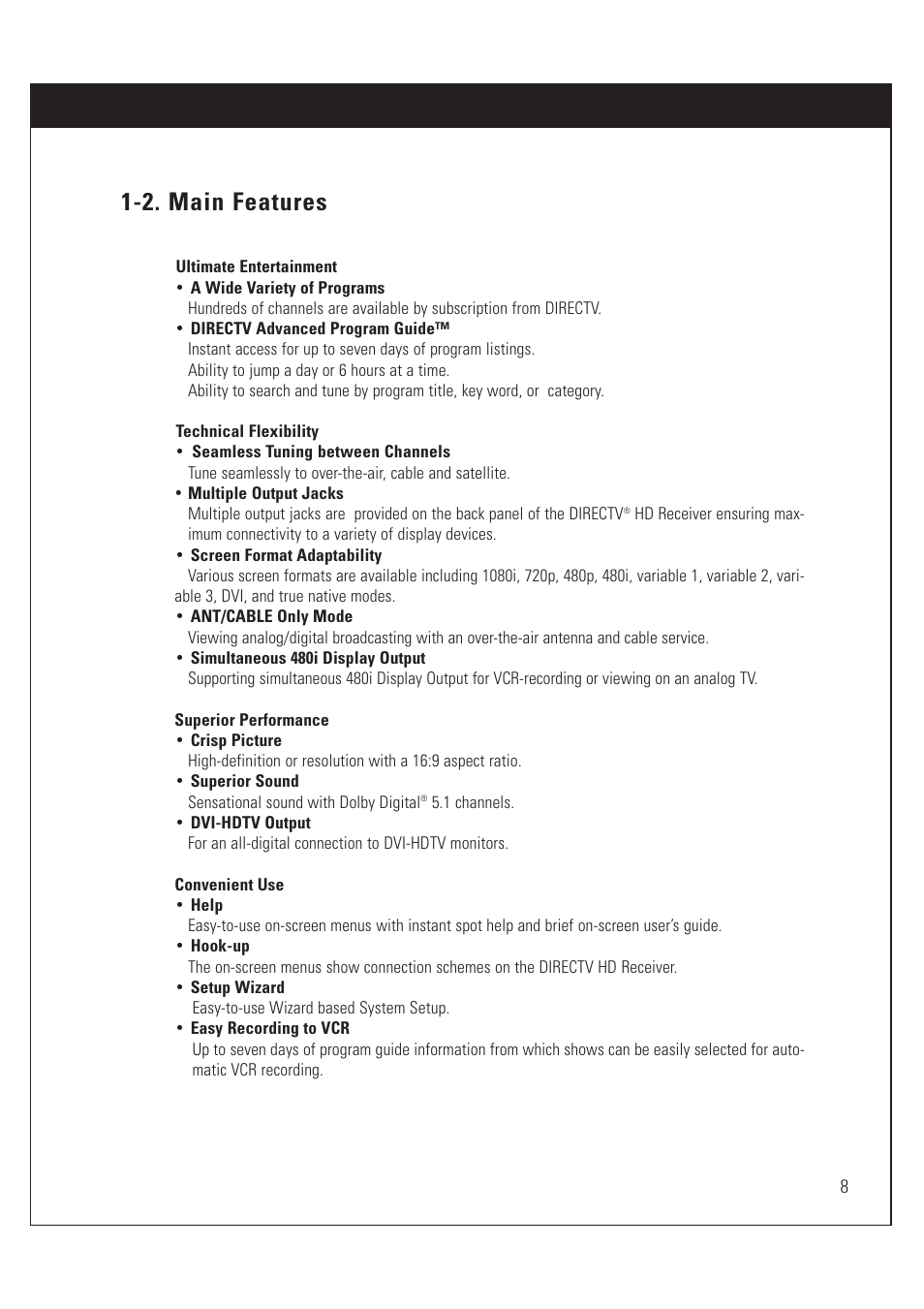 2. main features | DirecTV HUGHES/ HTL-HD User Manual | Page 9 / 121