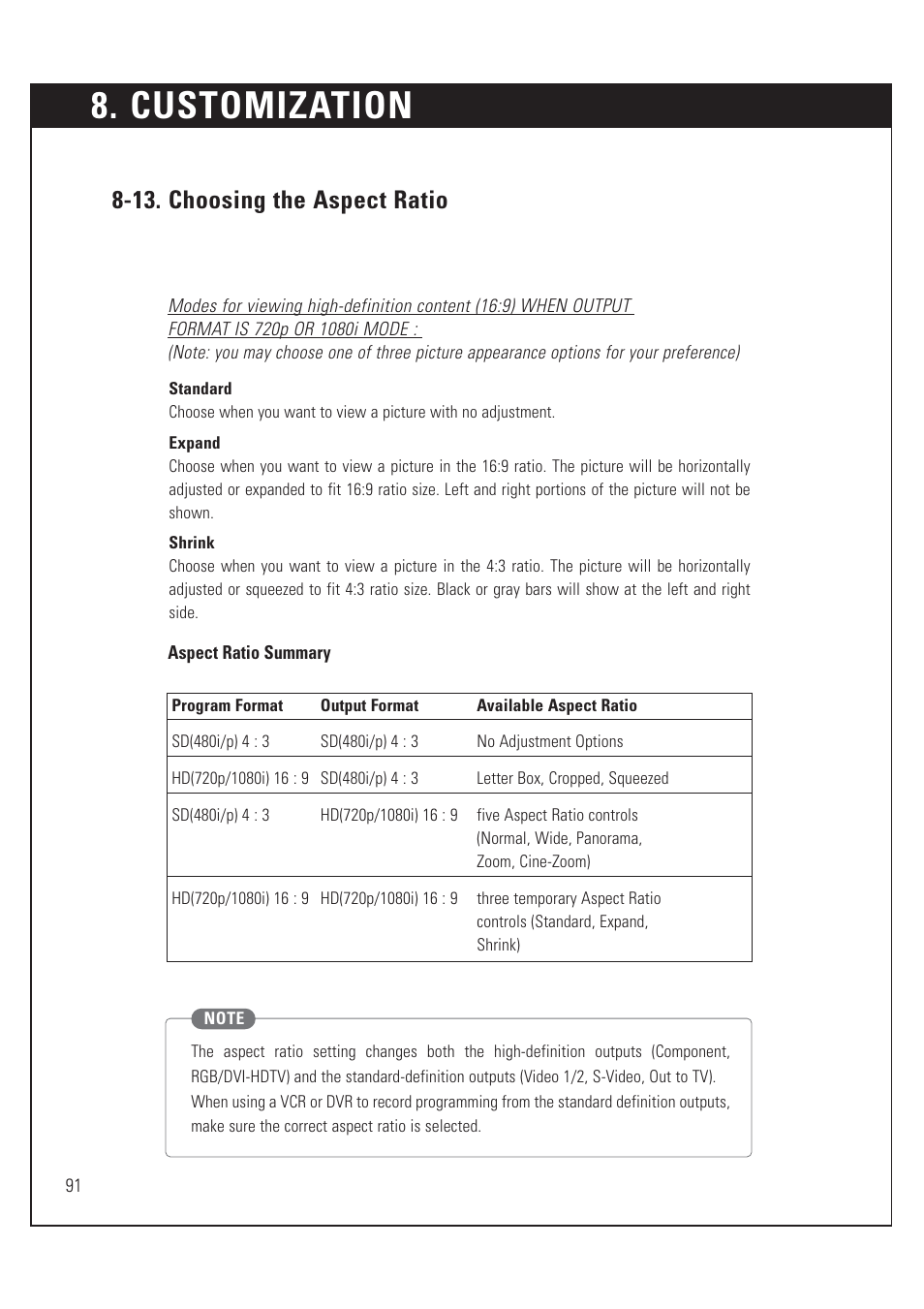 Customization, 13. choosing the aspect ratio | DirecTV HUGHES/ HTL-HD User Manual | Page 92 / 121