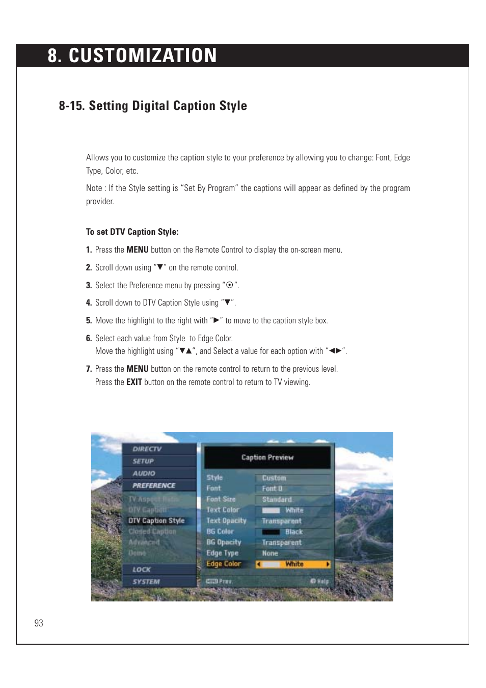 Customization, 15. setting digital caption style | DirecTV HUGHES/ HTL-HD User Manual | Page 94 / 121