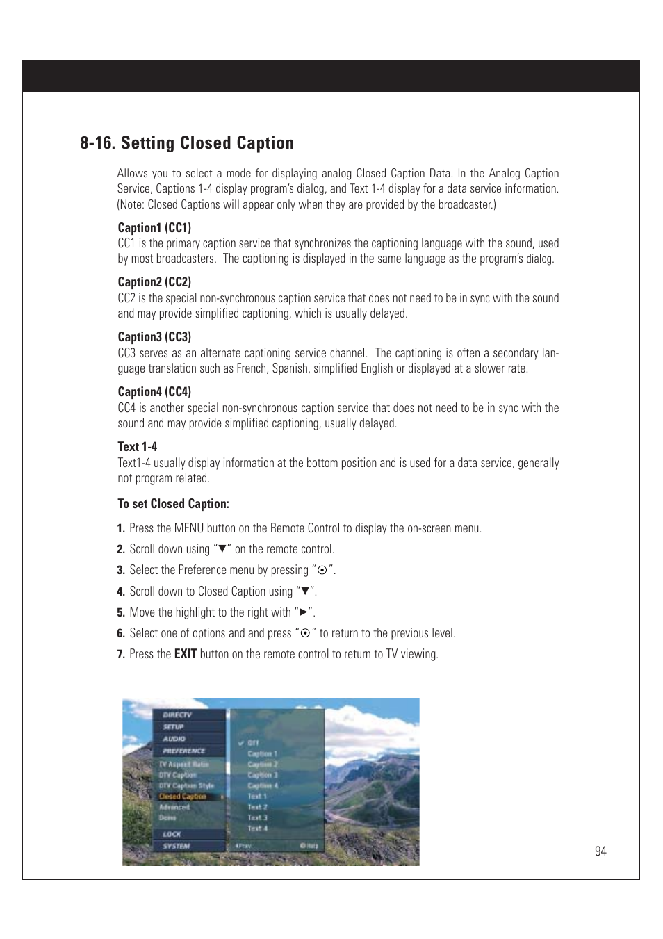 16. setting closed caption | DirecTV HUGHES/ HTL-HD User Manual | Page 95 / 121