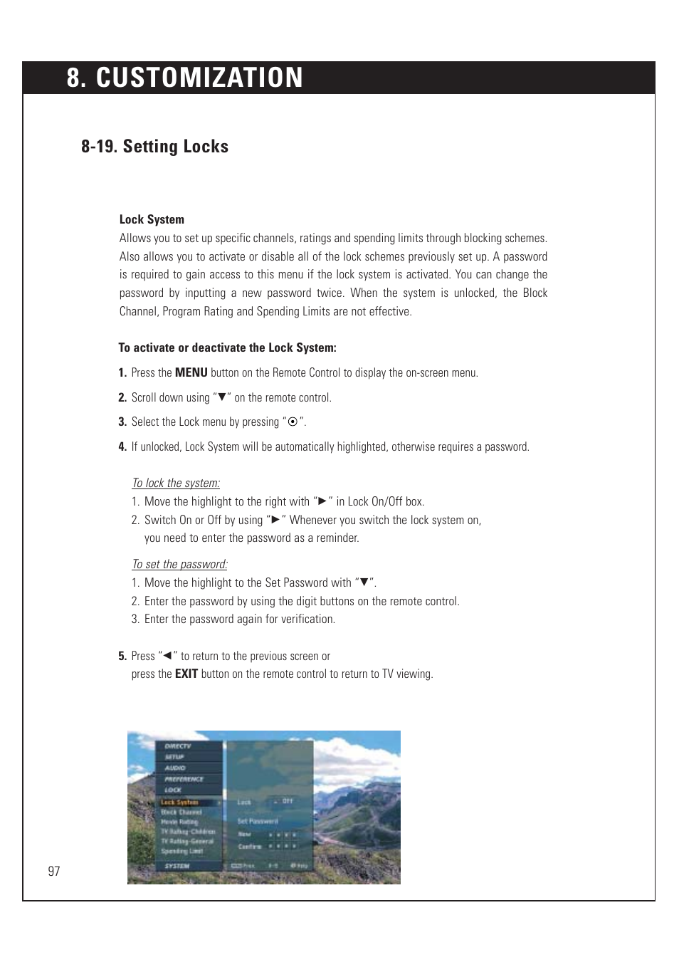 Customization, 19. setting locks | DirecTV HUGHES/ HTL-HD User Manual | Page 98 / 121