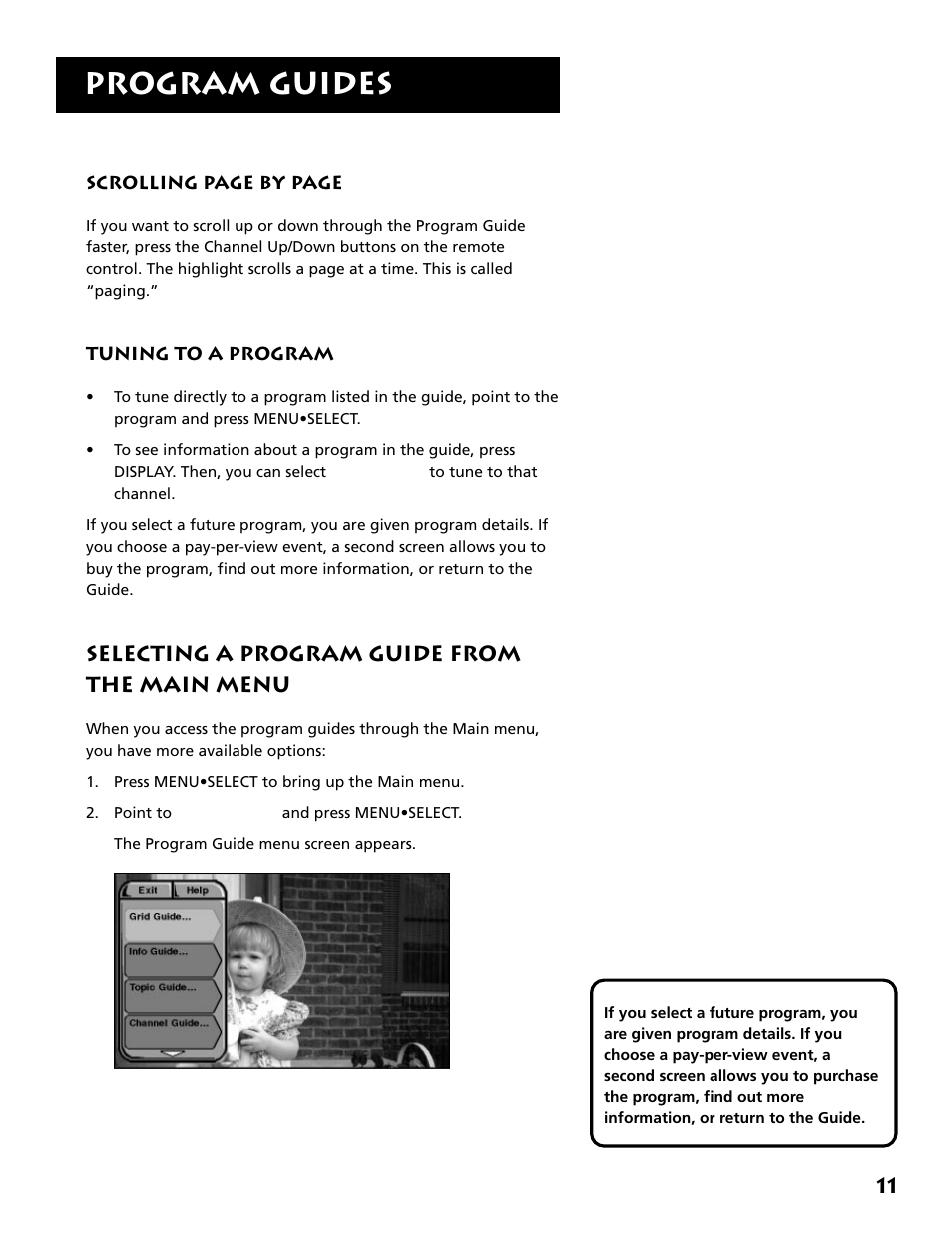 Tuning to a program, Selecting a program guide from the main menu, Program guides | DirecTV DRD303RA User Manual | Page 13 / 68