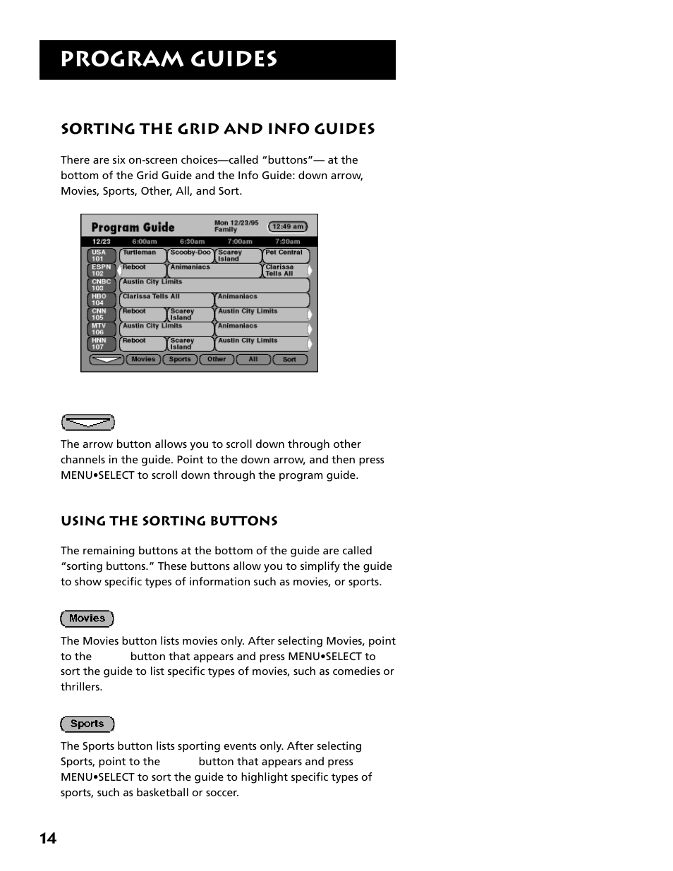 Sorting the grid and info guides, Program guides, 14 sorting the grid and info guides | DirecTV DRD303RA User Manual | Page 16 / 68