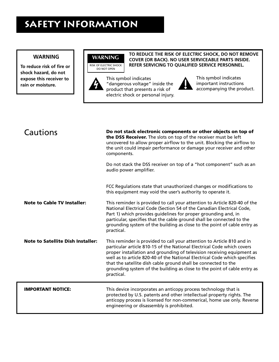 Safety information, Cautions | DirecTV DRD303RA User Manual | Page 2 / 68