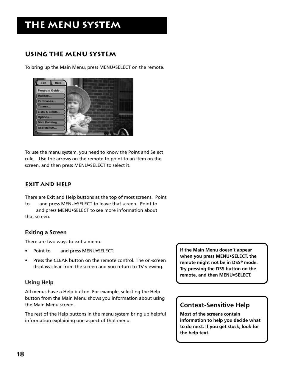 Using the menu system, Exiting a screen, Using help | The menu system, 18 using the menu system, Context-sensitive help | DirecTV DRD303RA User Manual | Page 20 / 68