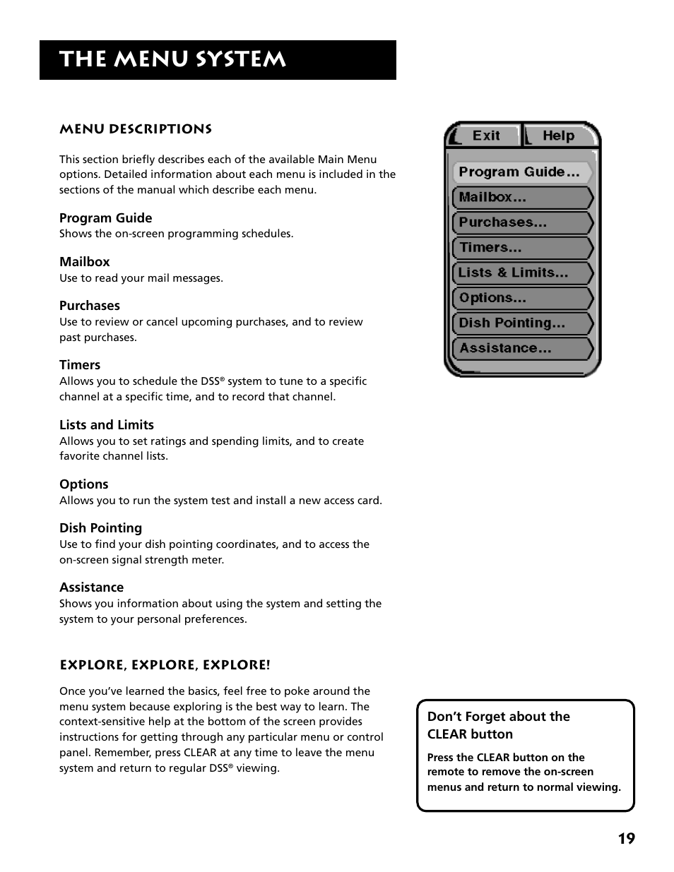 Menu descriptions, The menu system | DirecTV DRD303RA User Manual | Page 21 / 68