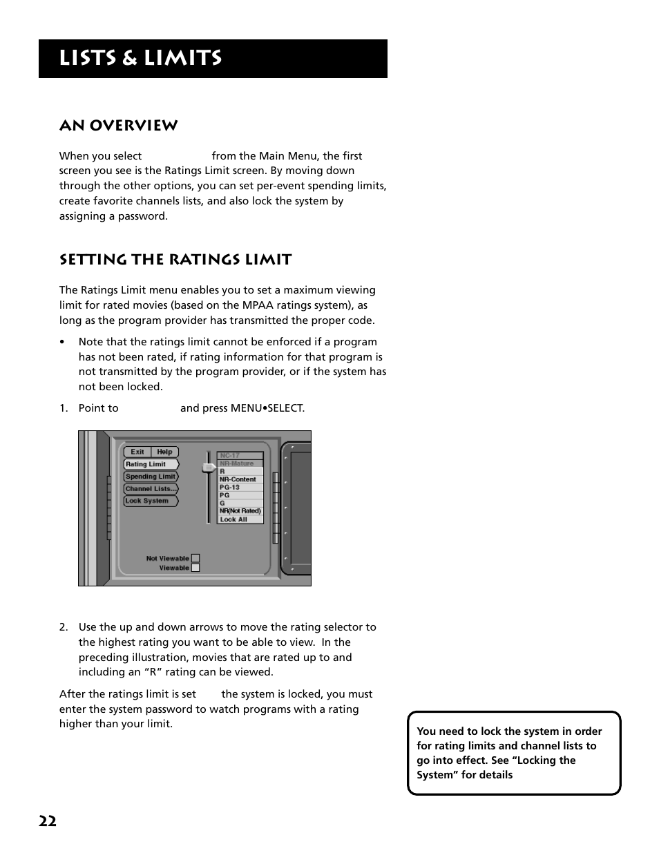 Lists and limits, An overview, Setting the ratings limit | Lists & limits, 22 an overview | DirecTV DRD303RA User Manual | Page 24 / 68