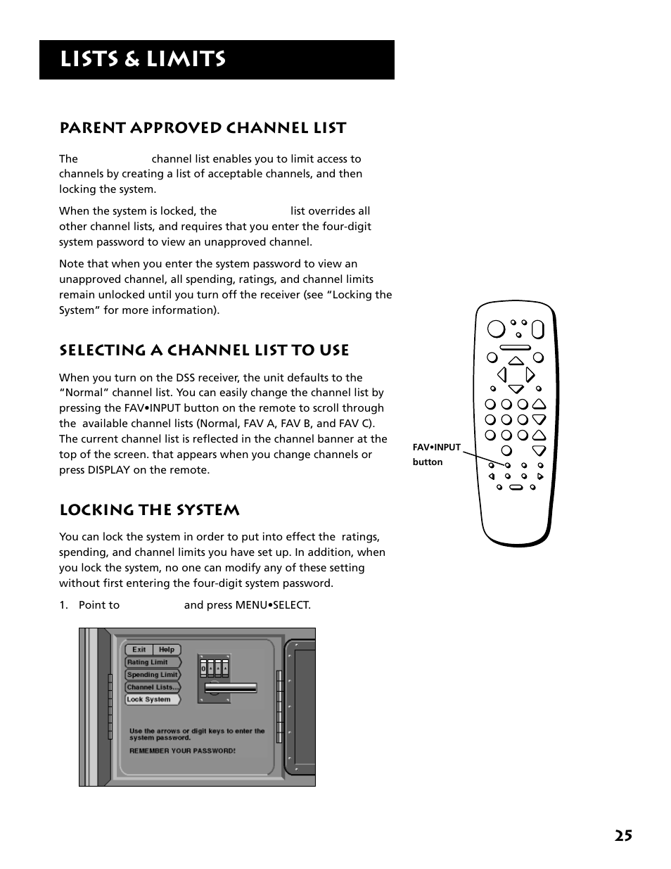 Parent approved channel list, Selecting a channel list to use, Locking the system | Lists & limits, 25 parent approved channel list, Fav•input button | DirecTV DRD303RA User Manual | Page 27 / 68