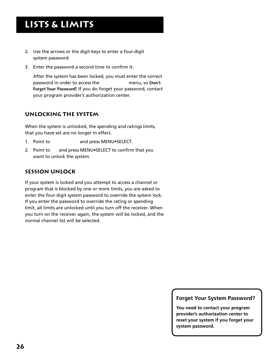 Unlocking the system, Session unlock, Lists & limits | DirecTV DRD303RA User Manual | Page 28 / 68