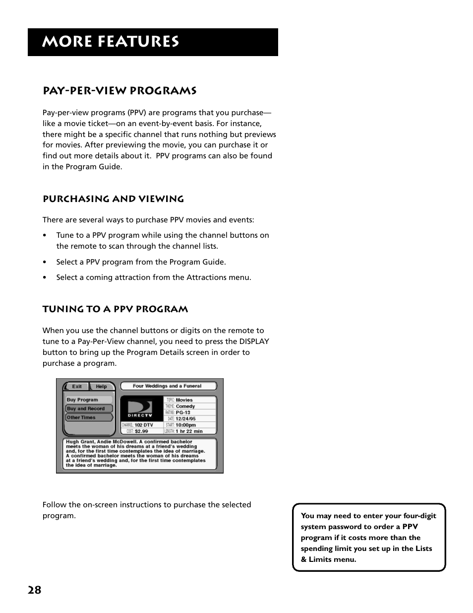 More features, Pay-per-view programs, 28 pay-per-view programs | DirecTV DRD303RA User Manual | Page 30 / 68