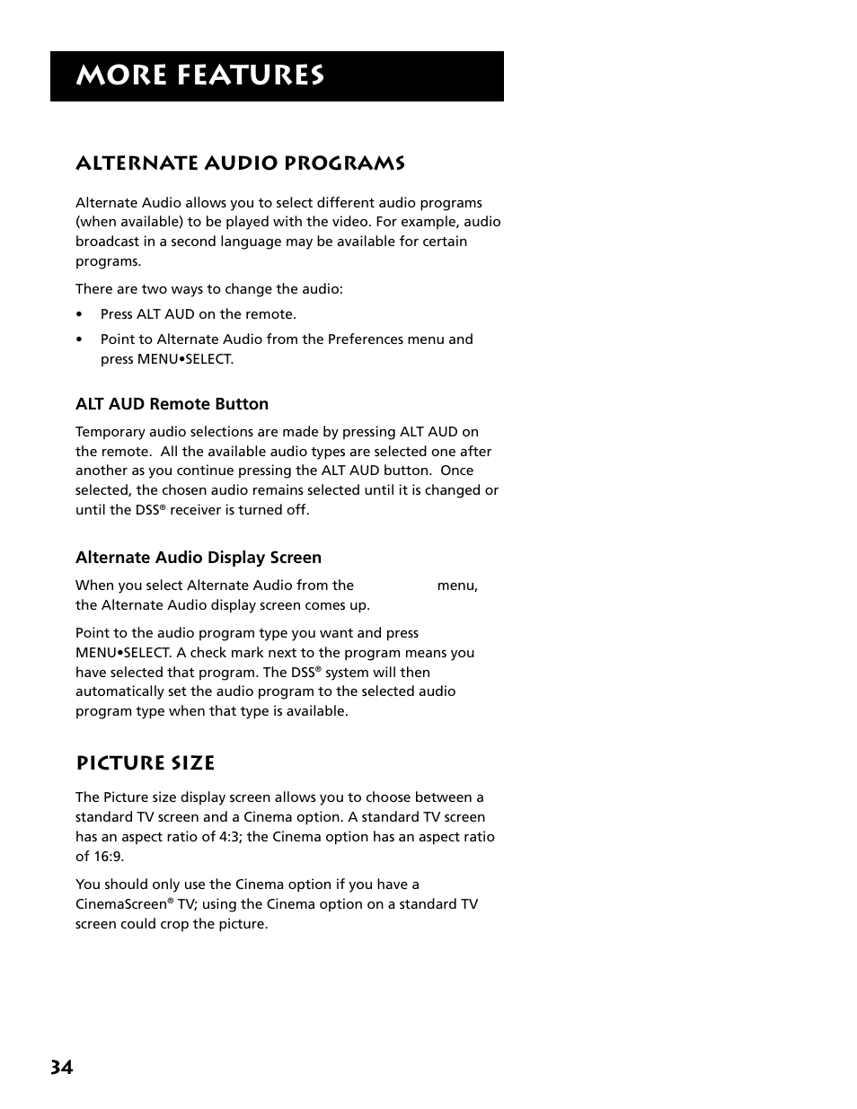 Alternate audio programs, Picture size, More features | 34 alternate audio programs | DirecTV DRD303RA User Manual | Page 36 / 68