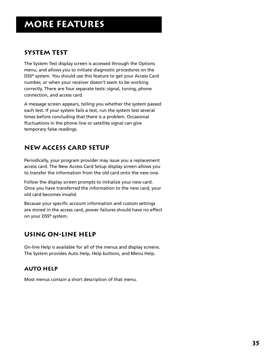 System test, New access card setup, Using on-line help | More features, 35 system test | DirecTV DRD303RA User Manual | Page 37 / 68