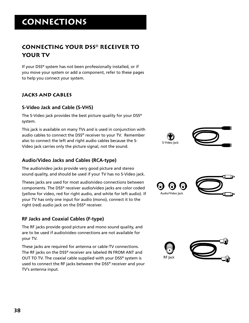 Connections, Connecting your dss ® receiver to your tv, Connecting your dss | Receiver to your tv | DirecTV DRD303RA User Manual | Page 40 / 68