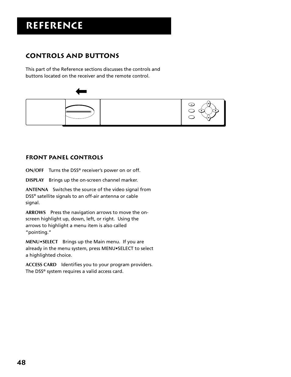 Front panel controls, Reference, 48 controls and buttons | DirecTV DRD303RA User Manual | Page 50 / 68