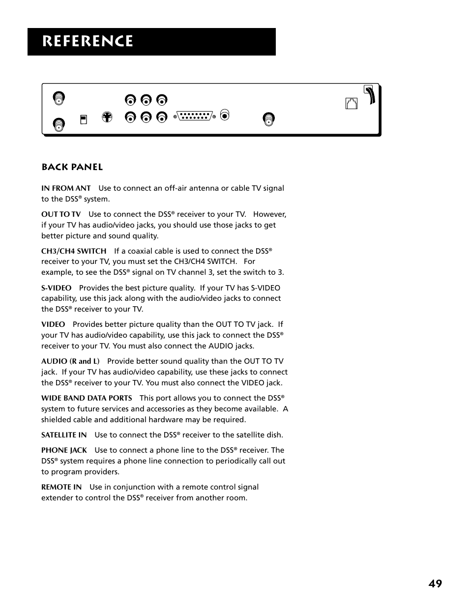 Back panel, Reference, System. out to tv use to connect the dss | Receiver. the dss, Receiver from another room | DirecTV DRD303RA User Manual | Page 51 / 68