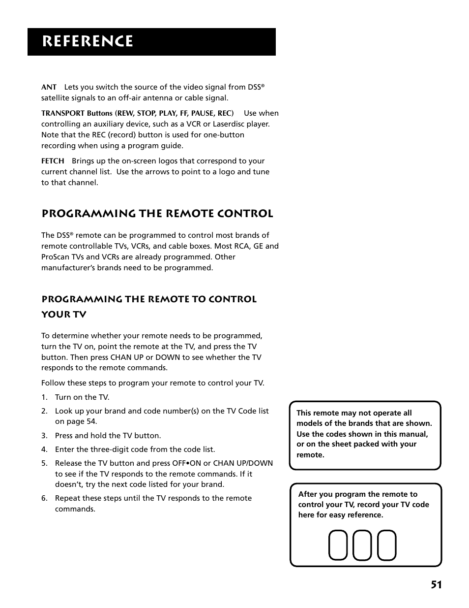 Programming the remote to control your tv, Reference, Programming the remote control | DirecTV DRD303RA User Manual | Page 53 / 68