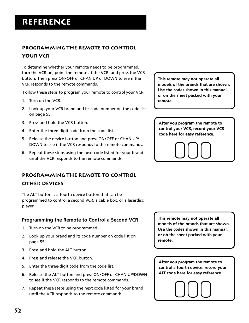 Programming the remote to control your vcr, Programming the remote to control other devices, Reference | DirecTV DRD303RA User Manual | Page 54 / 68