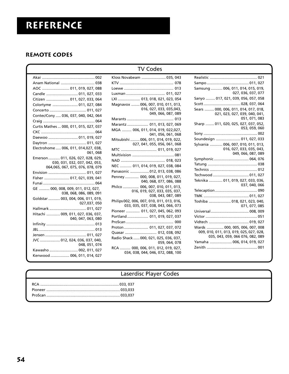 Reference, Remote codes tv codes laserdisc player codes | DirecTV DRD303RA User Manual | Page 56 / 68
