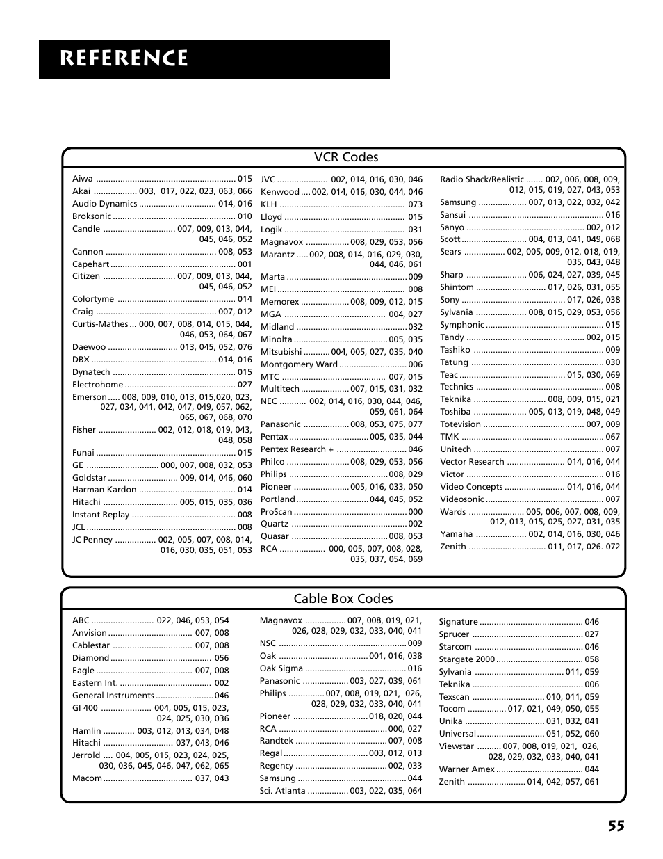 Reference, Vcr codes cable box codes | DirecTV DRD303RA User Manual | Page 57 / 68