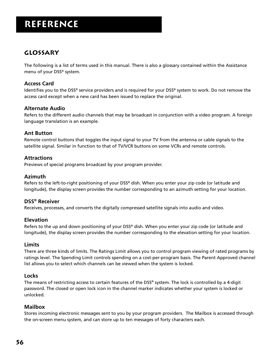Glossary, Reference, 56 glossary | DirecTV DRD303RA User Manual | Page 58 / 68