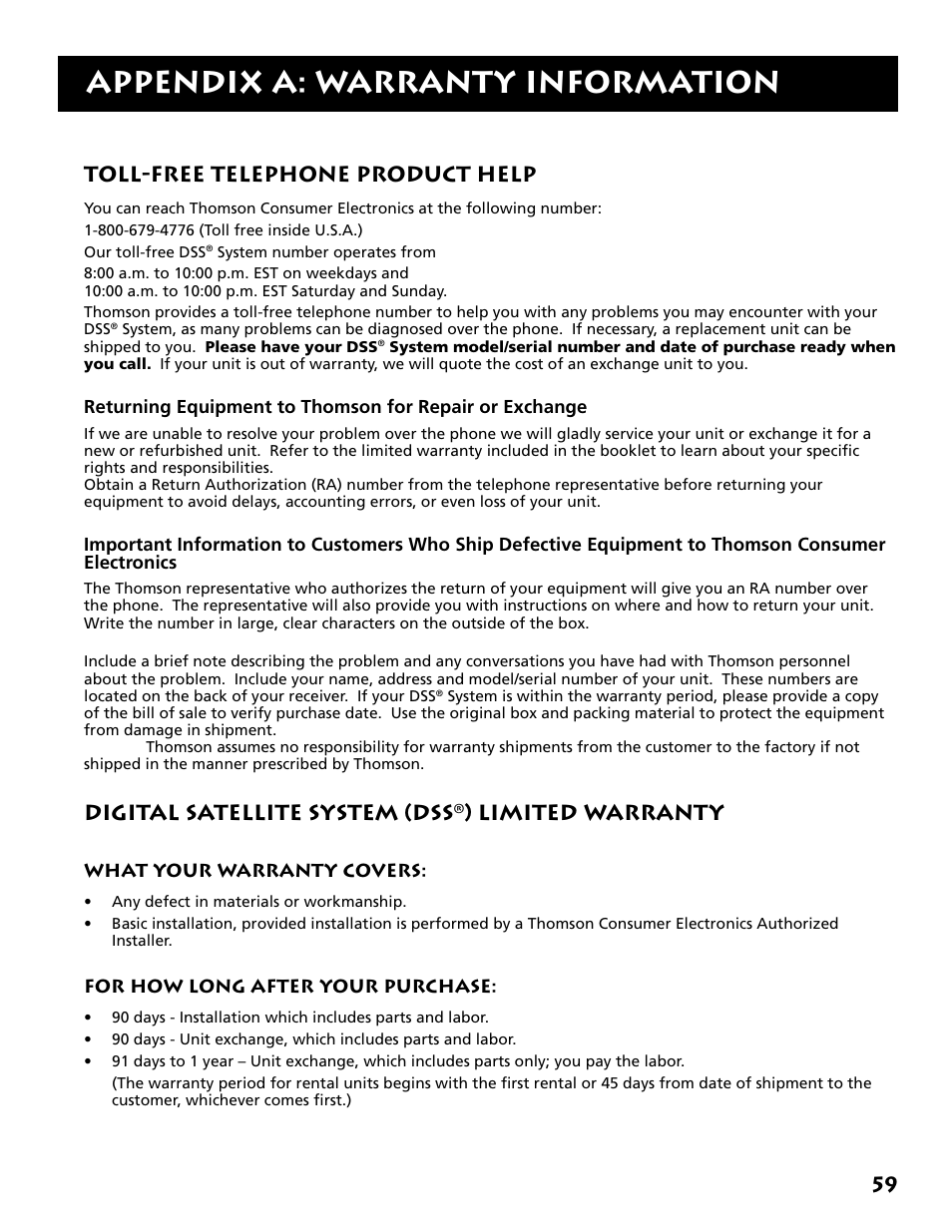Appendix a: warranty information, Toll-free telephone product help, Digital satellite system (dss | Limited warranty | DirecTV DRD303RA User Manual | Page 61 / 68