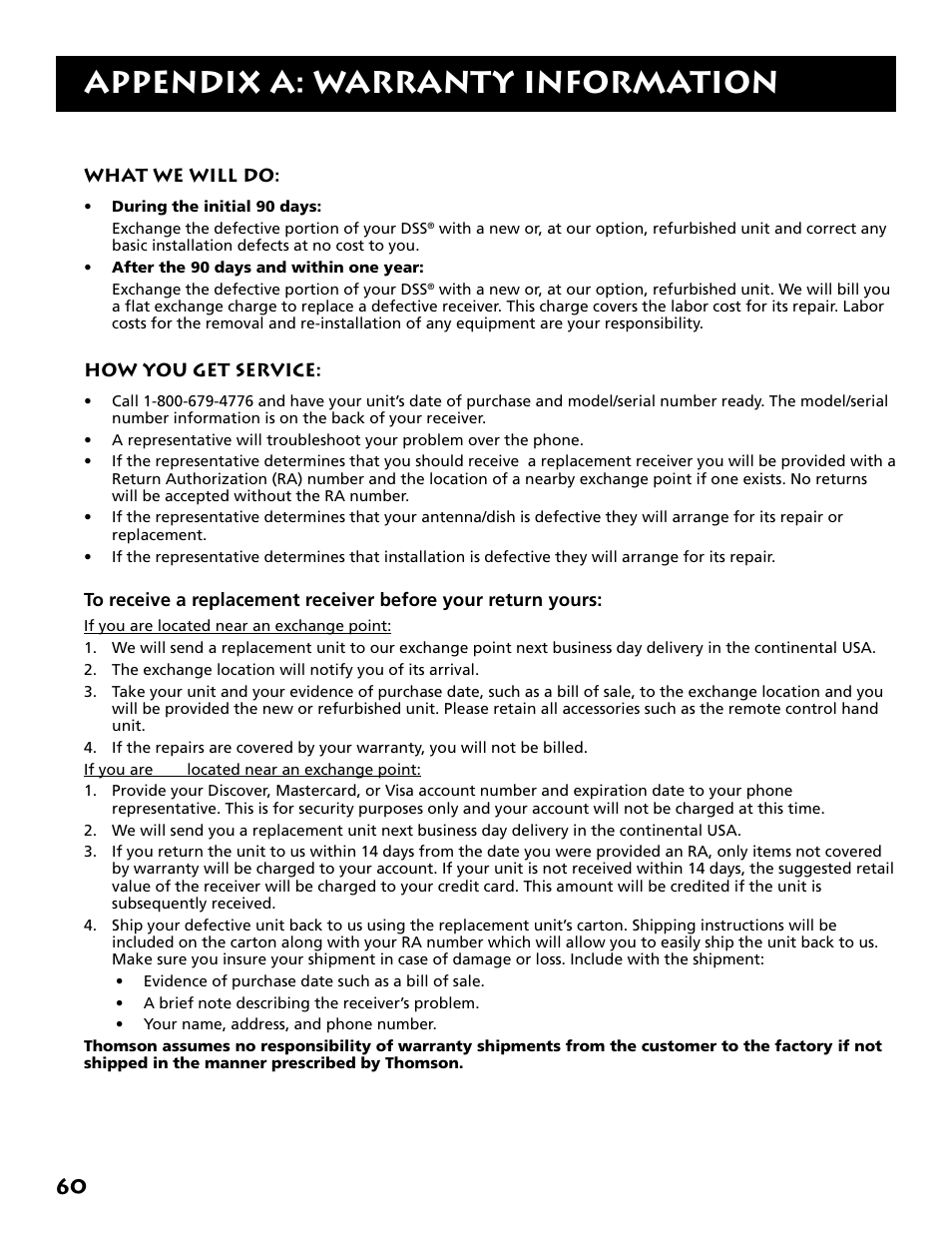 Appendix a: warranty information | DirecTV DRD303RA User Manual | Page 62 / 68