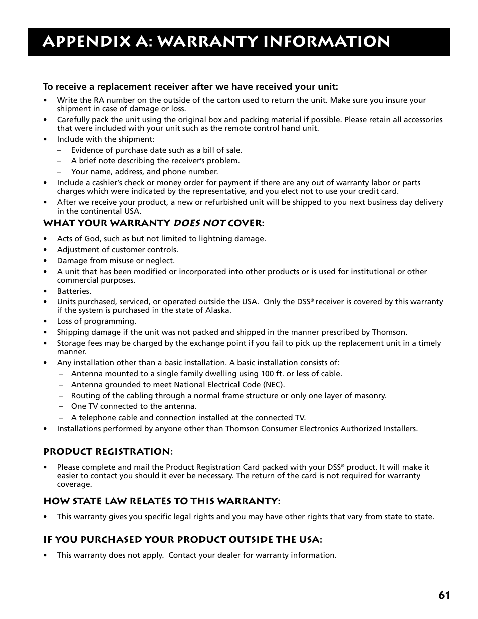 Appendix a: warranty information, Does not | DirecTV DRD303RA User Manual | Page 63 / 68