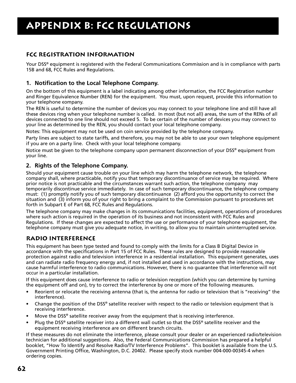 Appendix b: fcc regulations | DirecTV DRD303RA User Manual | Page 64 / 68