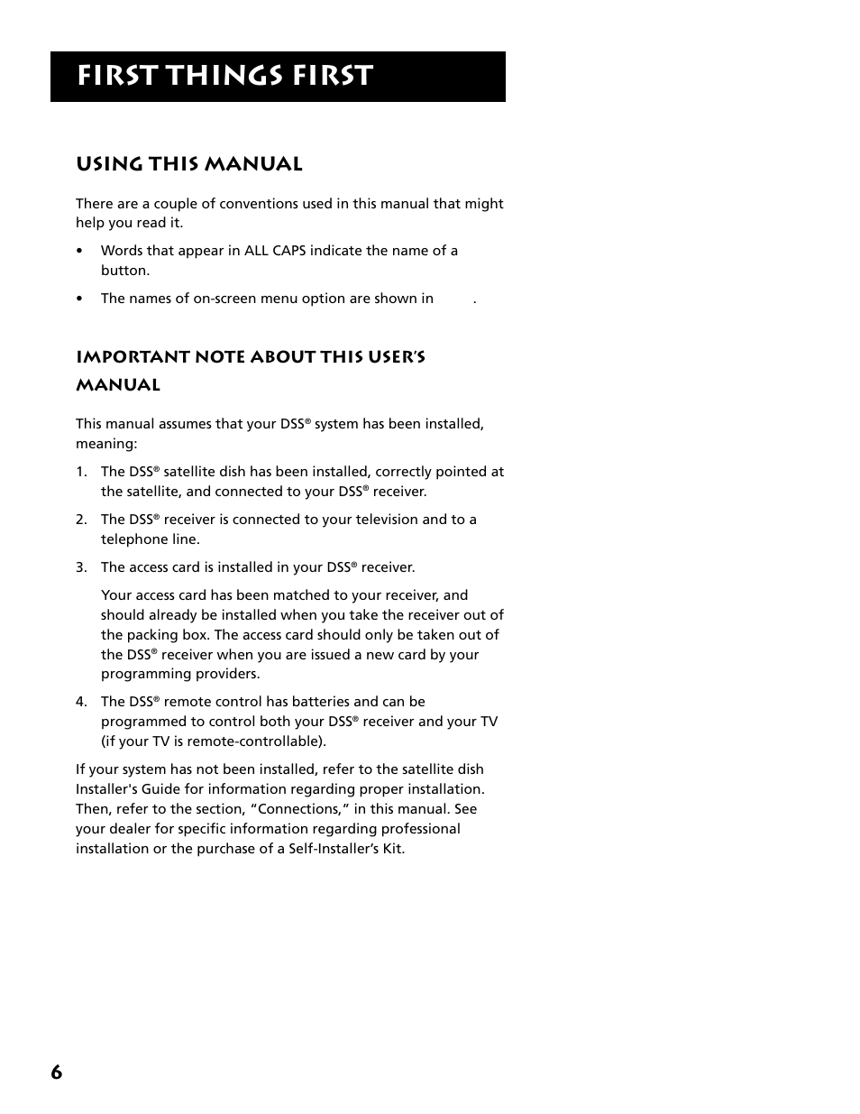 Using this manual, First things first, 6using this manual | DirecTV DRD303RA User Manual | Page 8 / 68