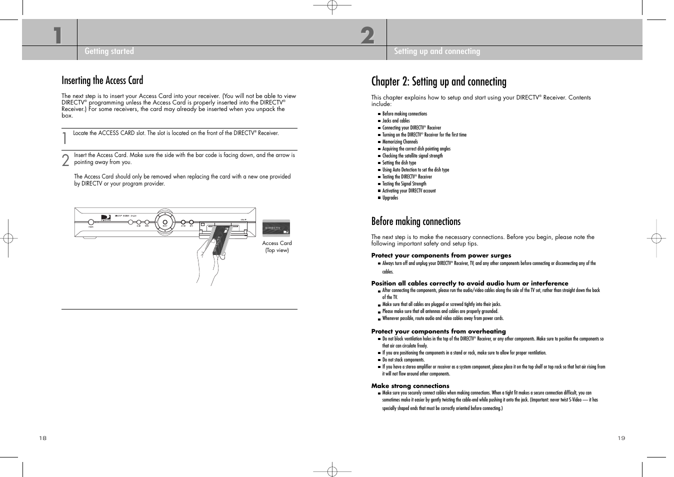 Chapter 2: setting up and connecting, Inserting the access card, Before making connections | DirecTV D10-200 User Manual | Page 10 / 46