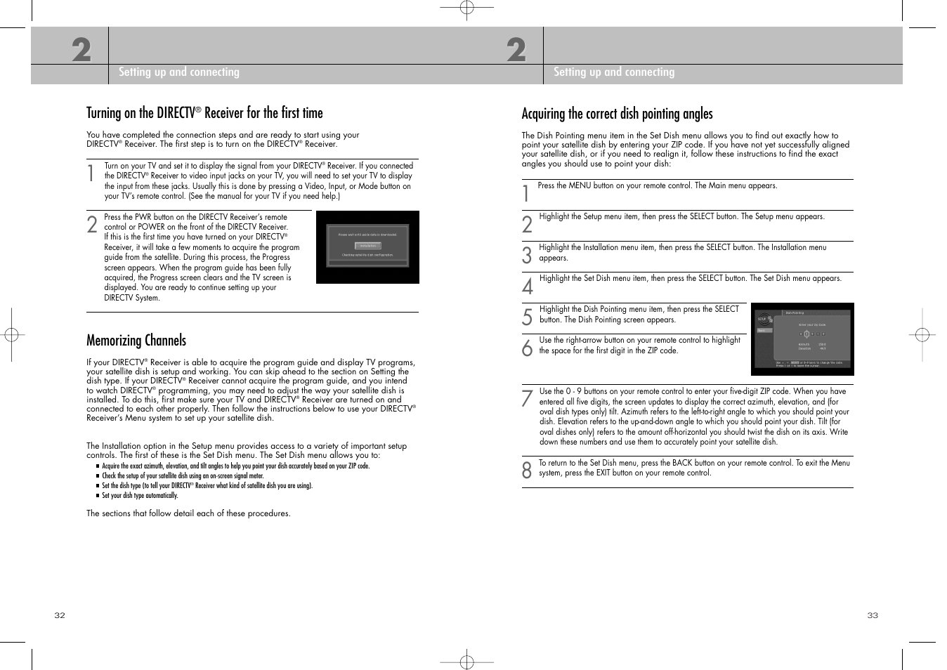 Turning on the directv, Receiver for the first time, Acquiring the correct dish pointing angles | DirecTV D10-200 User Manual | Page 17 / 46