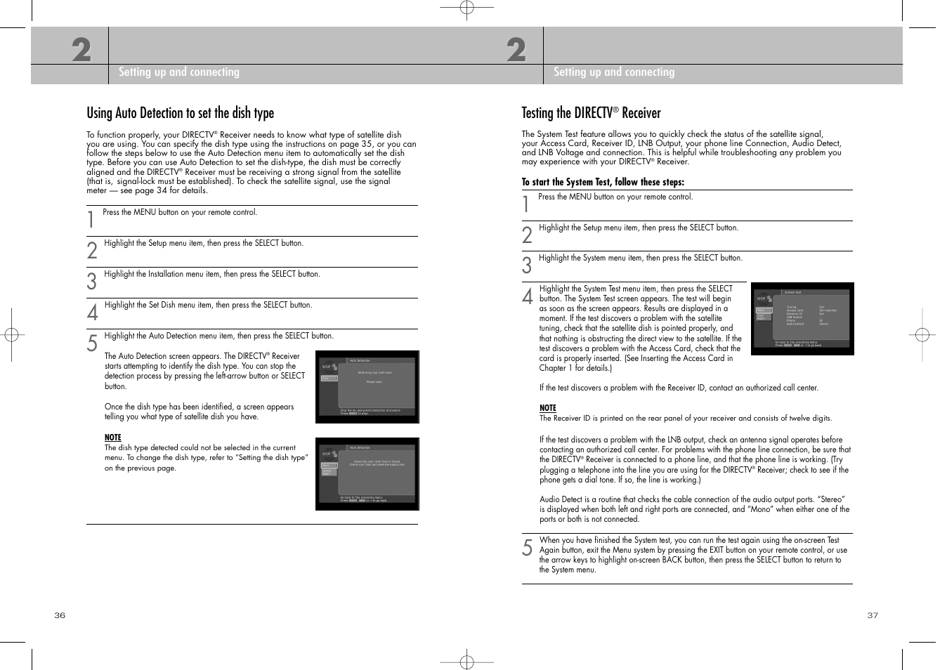 Using auto detection to set the dish type, Testing the directv, Receiver | DirecTV D10-200 User Manual | Page 19 / 46