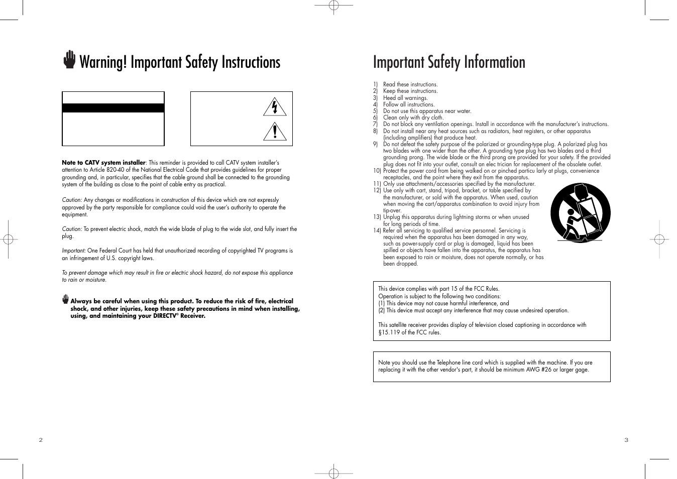 Important safety information, Warning! important safety instructions | DirecTV D10-200 User Manual | Page 2 / 46