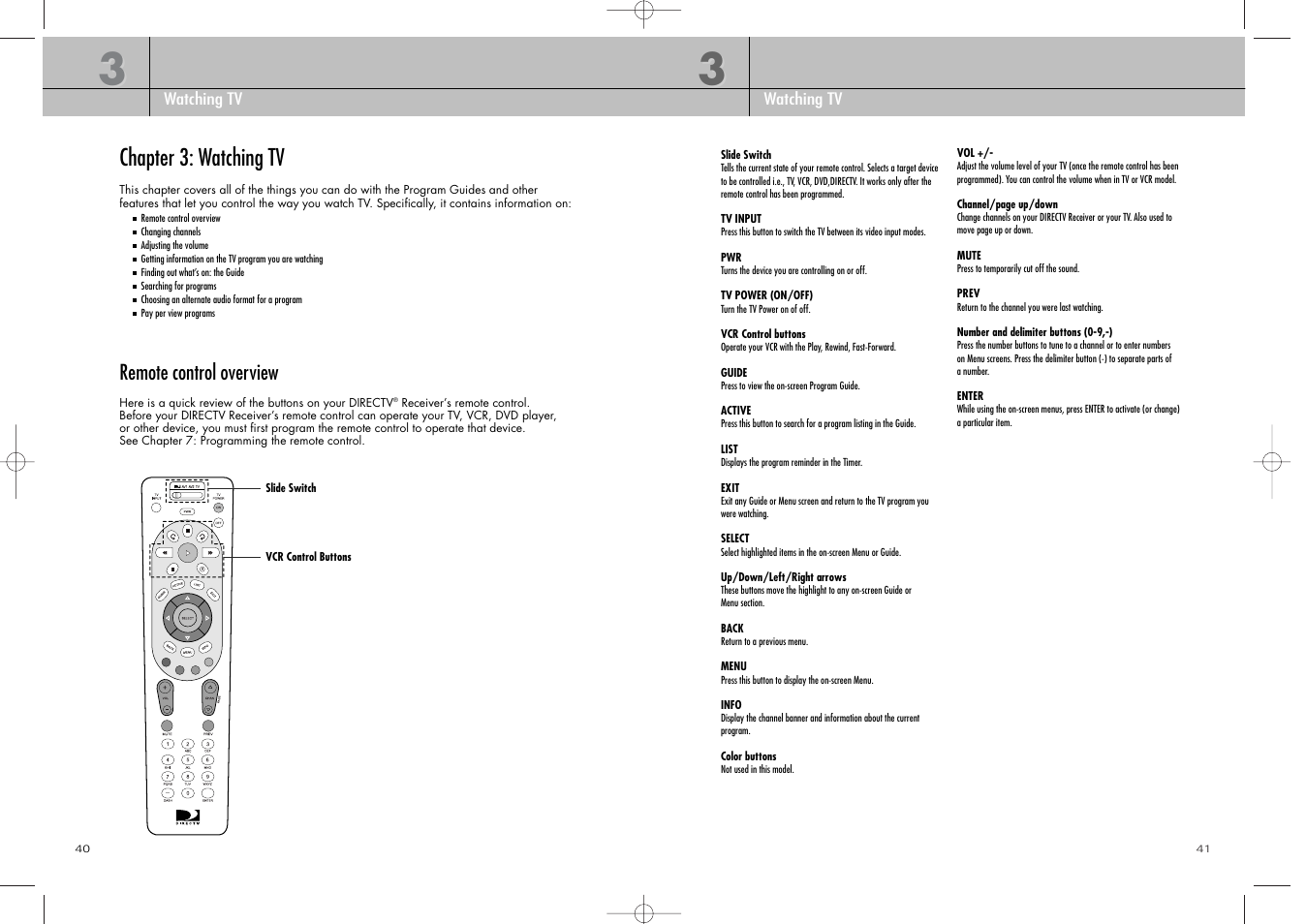 Chapter 3: watching tv, Remote control overview | DirecTV D10-200 User Manual | Page 21 / 46