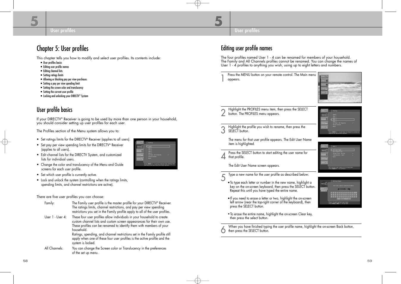 Chapter 5: user profiles, User profile basics, Editing user profile names | DirecTV D10-200 User Manual | Page 30 / 46