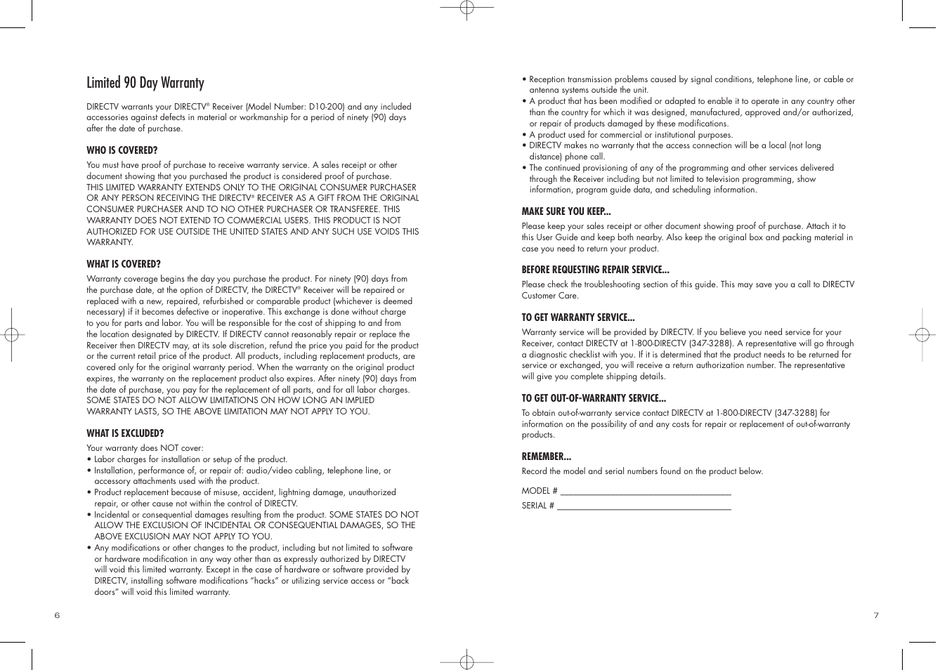 Limited 90 day warranty | DirecTV D10-200 User Manual | Page 4 / 46