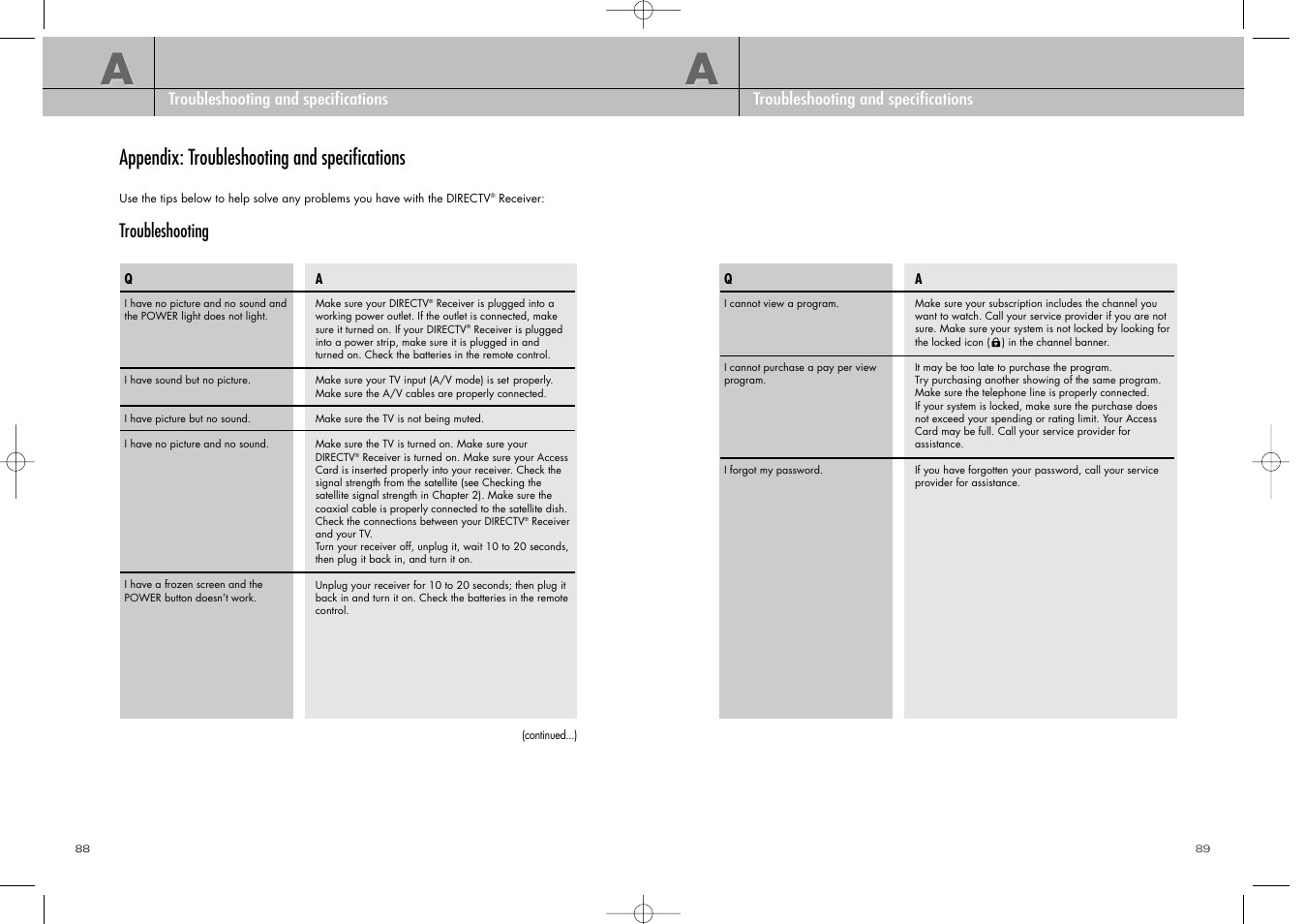 Appendix: troubleshooting and specifications, Troubleshooting | DirecTV D10-200 User Manual | Page 45 / 46