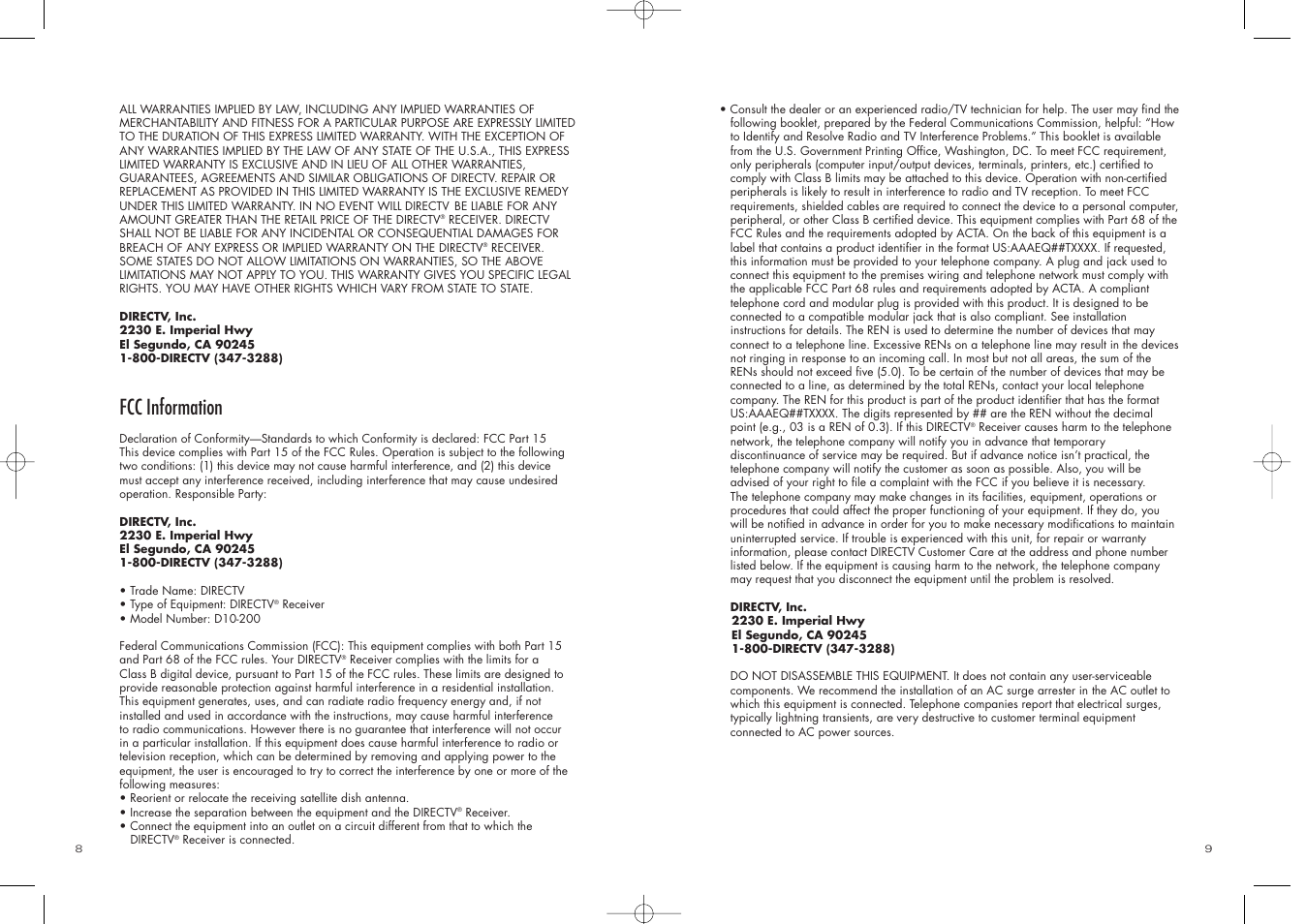 Fcc information | DirecTV D10-200 User Manual | Page 5 / 46
