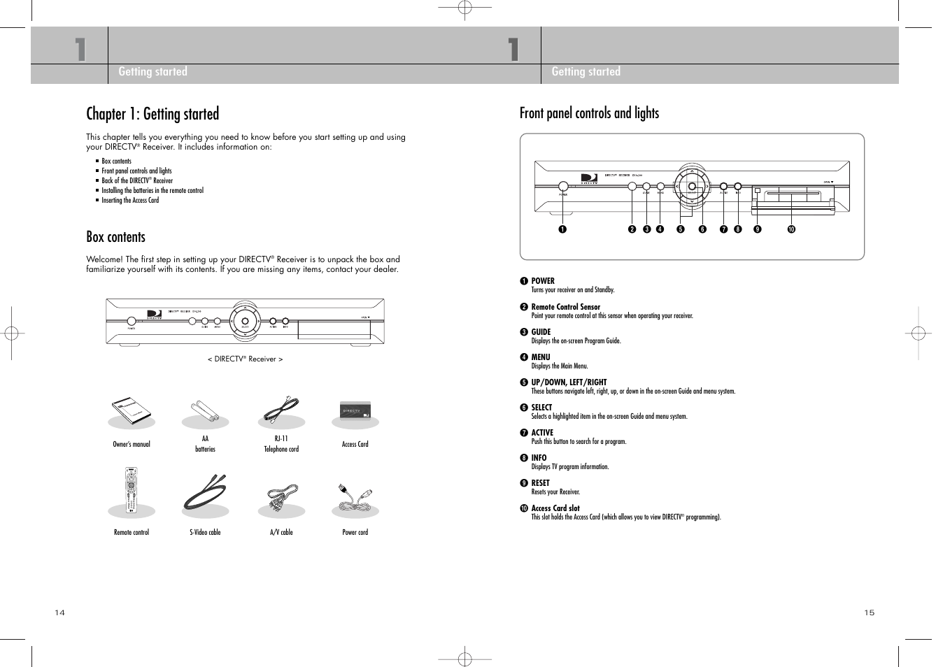 Chapter 1: getting started, Box contents, Front panel controls and lights | DirecTV D10-200 User Manual | Page 8 / 46